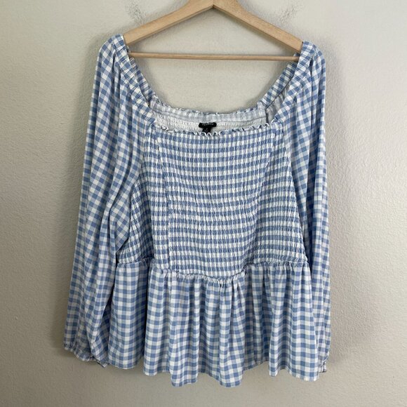 TORRID Womens Plus 4X Smocked Bodice Long Sleeve Blouse Gingham Blue Peplum Top - Picture 2 of 8